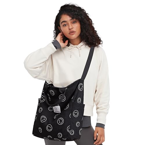 KALIDI Corduroy Tote Bag, Large Slouchy Hobo Messenger Crossbody Bag | Anti Splash Zipper Side Pockets Shoulder Bag Adjustable Strap Lightweight Casual Work Shopping Women - color: Black Happy