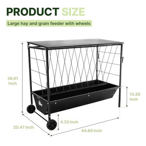 Large Hay Feeder for Goats with Roof, Wheels and Handles, Covered 2-in-1 Galvanized Steel Goat Hay Feeder Trough, 50 Gallon Rack and 20 Gallon Grain for Horse Sheep Cattle Alpacas Livestock