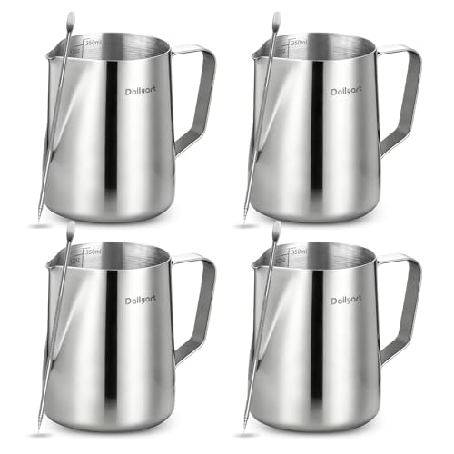 Dailyart Milk Frother Cup Set 12oz/350ml 4 Pcs Milk Frothing Pitcher | 304 Food Grade Stainless Steel, Dripless Spout, Internal Scale, Barista Milk Steamer Cup, Espresso Accessories Latte Art Tool - size: 12 Ounces(Pack of 4)