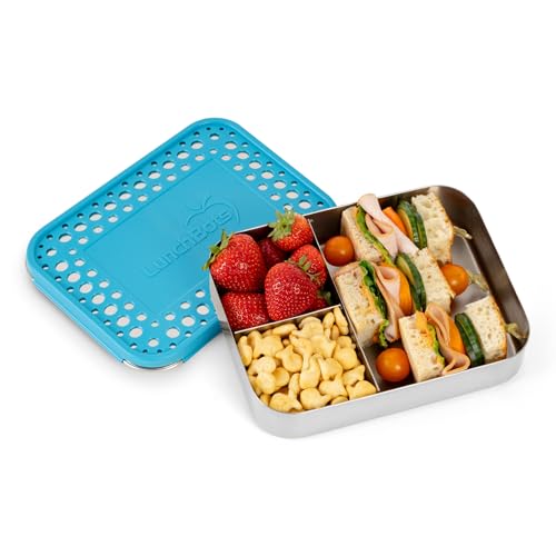 LunchBots Medium Trio Stainless Steel Kids Bento Box 3-Section Aqua 32oz - color: Aqua Dots, size: 3 Section