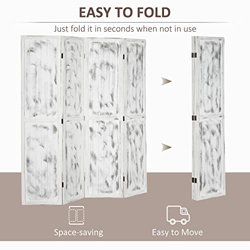HOMCOM 4-Panel Room Divider, 5.5' Tall, Woodgrain, Rustic White | Freestanding Privacy Divider, Partition Wall Divider for Room Separation