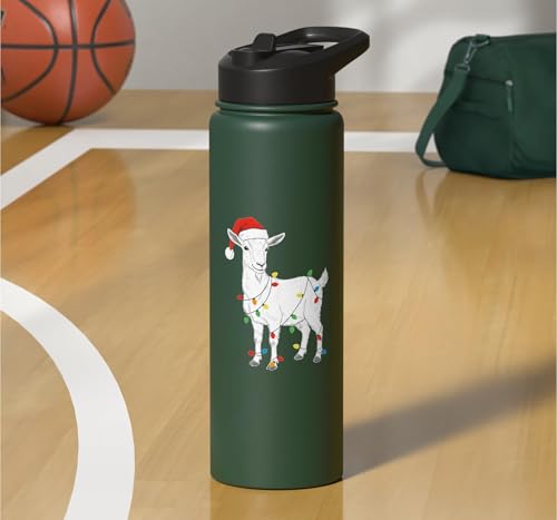 Cute Christmas Goat Kids Santa Hat Holiday Lights Farm Funny Stainless Steel Insulated Water Bottle - color: Dark Green
