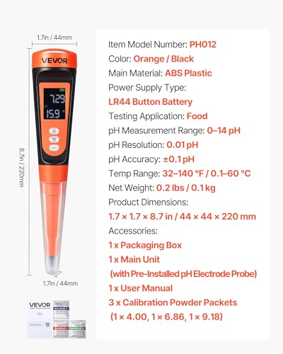 VEVOR Food pH Meter, 0-14 pH Range, IP68 Waterproof Probe, Pocket Tester Kit with Automatic Temperature Compensation, Calibration Powder Packets, Easy to Read, for Food Fermentation, Dough, Meat