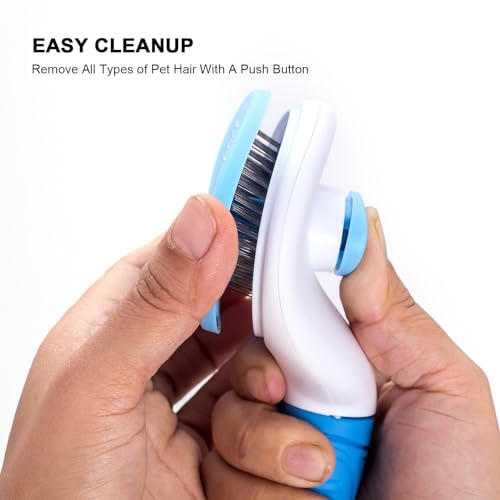 Aogeili Self-Clean Slicker Brush, Deshedding Comb for Dogs Cats Rabbits | One-Click Release Removes Loose Undercoat, Mats & Tangles, for Long & Short Hair Shedding Pets - color: Blue