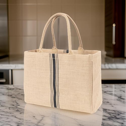 KAF Home Jute Market Tote Bag with Handles, Triple Stripe - color: Triple Stripe