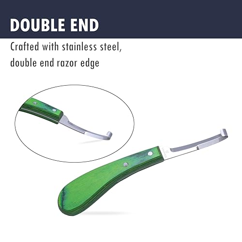 Professional Hoof Knife – Premium Stainless Steel Farrier Knife with Green Wooden Handle | Sharp Hoof Trimming Tool for Horses, Goats & Livestock | Left/Right Hand and Double Edge Use