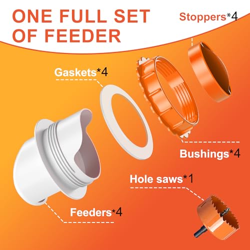 No Waste Chicken Feeders, DIY Automatic Poultry Feeder - 4 Ports Orange | Buckets Barrels Bins Troughs‑mountable Design for common Breeds of Chicken Flock with Hole Saw - size: 4 Ports