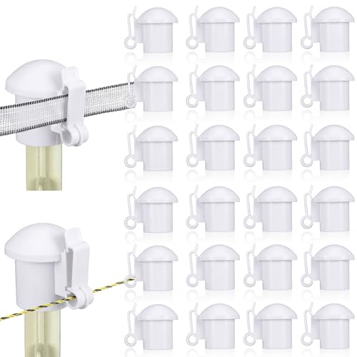DoubleFill 24 Pcs Electric Fence Insulators and T Post Safety Cap, T Post Safety Topper Black Plastic Insulators for Wood Posts Wire Holding Fencing Garden Farm Highway Sport Fences Supplies (White) - color: White