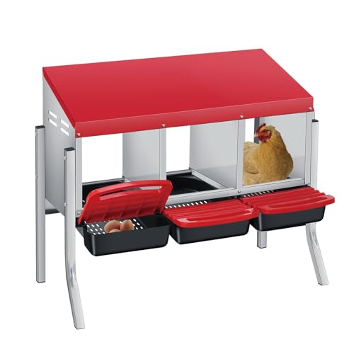 3-Hole Chicken Nesting Box, Roll Away Nest with Removable Tray, Easy Egg Collection & Cleaning, Wall-Mount Nesting Boxes for Hens, Chicken Coop - Red - color: Red-3 Compartments+legs