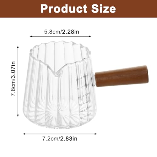 2 Pack Espresso Measuring Cups 6 Oz (180ml), Glass Milk Frothing Pitcher with Wood Handle, V-Shaped Spout with Oz & ML Markings, Heat-Resistant Espresso Shot Cups for Coffee, Milk