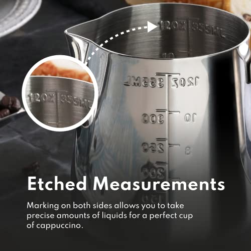 New Star Foodservice 28805 Stainless Steel Frothing Pitcher, 12 oz Espresso Milk Steaming Cup with Measurement Scale, Commercial Grade 18/8 Barista Pitcher for Lattes, Cappuccinos, Coffee, Silver - size: 12 Ounces