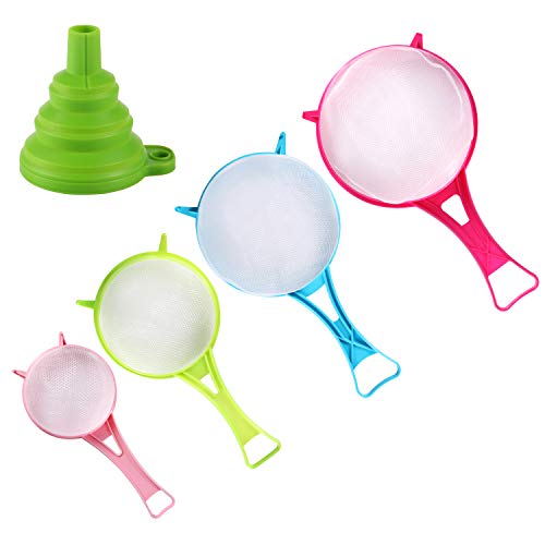 BENBO 4Pcs Plastic Mesh Strainer Colander Set, Food Soy Milk Flour Sieve Plastic Colander Strainer with Long Handle Icing Sugar Sifters Fine Strainer Tea Filter and Silicone Foldable Funnel