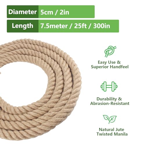 Twisted Manila Rope 2 in x 25 ft Natural Ropes Thick Hemp Rope for Railing Docks Tug of War Decorating Crafts Nautical Landscaping Swing Hammock - size: 2inch x 25feet