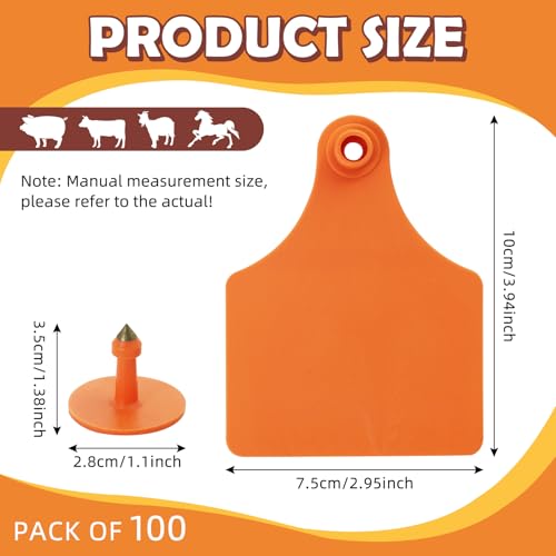 Blank Cattle Ear Tags 100PCS TPU Oversize 4.1x3 Inch Livestock Tags | Identification Tags for Cows Calves Cattle Goats Sheep Pigs Hog Fade Resistant Farm Animal Management (Orange) - style: Orange
