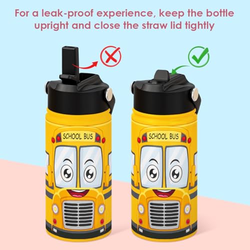 SANDJEST Kid Water Bottle 12oz with Straw Lid - 2-Pack Insulated Stainless Steel Water Bottles for Kids Girls Boys - Travel Cup for Back to School Sports Christmas Birthday (Alphabet & School Bus) - color: Alphabet + Construction
