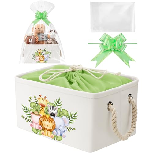 Pickmesh Baby Shower Storage Basket with Gift Bags Rectangular Ribbons Collapsible Canvas Storage Bin with Handles for Diaper Organizing Toy Home DIY Gift Basket, 13 x 9. 1 x 7. 1 Inch(Jungle Theme) - style: Jungle Theme