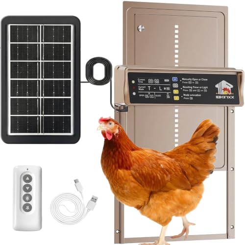 IBKINXX Automatic Chicken Coop Door Solar Powered,Golden Brown Chicken Door | LCD Display，Timer & Light Sensor, 4 Modes Anti-Pinch & Weather Proof with Remote Control, for Chickens, Ducks, Geese, Rabbits - color: Golden Brown