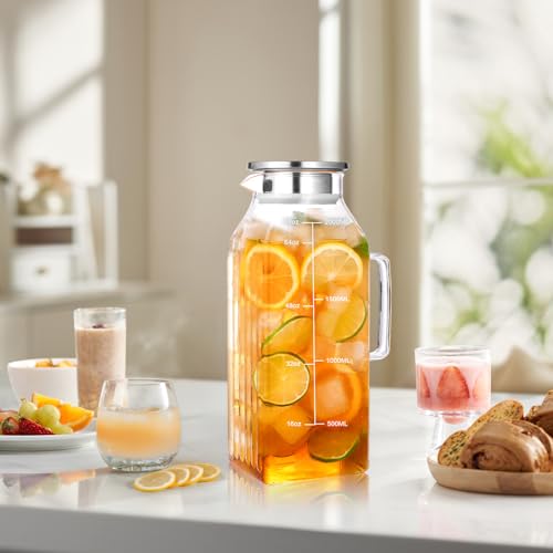 Aofmee 68oz Glass Pitcher with Lid and Handle for Fridge, Clear 2pc | Iced Tea Pitcher for Fridge, Borosilicate Glass Carafe, Sun Tea Jar, Dual Pour Stainless Lid, Dishwasher Safe - color: Clear 2pc