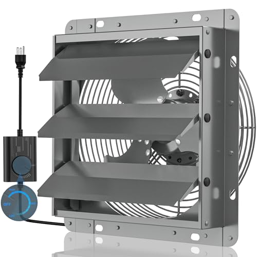 Hon&Guan 12 Inch Shutter Exhaust Fan with Stepless Speed Controller, 764 CFM High Airflow, 1600 RPM Wall Vent Fan, Automatic Gravity Shutters, Easy Install for Garage, Shed & Greenhouse, Gunmetal Gray - color: Gray, size: 12 Inch