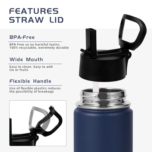 Volhoply 14oz KIds Stainless Steel Insulated Leakproof Water Bottle with Straw Lid and Silicone Boot,BPA-Free Easy Use for Boys&Girls,Double Wall Vacuum Bottles(Navy,1) - color: Navy