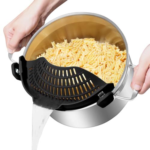 AUOON Pot Strainer Clip on Silicone, Large 10.45 x 4.33 in, Black | Fits Pots Pans Bowls, Dishwasher Safe, for Pasta Noodles Vegetable Fruits, Space-saving Kitchen Gadget - color: Black, size: Large 10.45 x 4.33 in