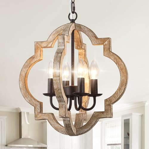 16" Farmhouse Chandelier for Dining Room, Wood Rustic Chandelier | Dining Room Light Fixtures Over Table 4-Lights French Country Hanging Light, Adjustable Height for Entryway Kitchen Island - color: 16" Wood