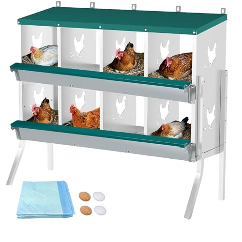 Chicken Nesting Box, 8 Compartments Nesting Box with 4 Fake Eggs & 10 Soft Nest Pads, Wall Mounting for Easy Egg Collection, Heavy Duty Galvanized Steel Rustproof Laying Box with Vented & Easy Clean - size: 8 compartment with Legs