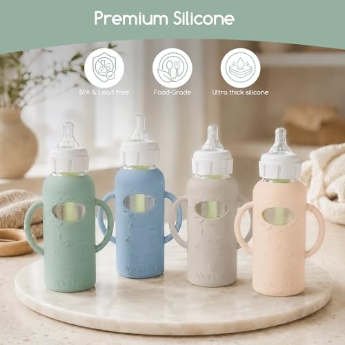 4 Pack Silicone Sleeves for Dr. Brown's Glass Baby Bottles -Drop Protection Easy-Grip Baby Bottle Sleeves Holder with Handles, Compatible with Dr. Brown's Newborn Glass Bottles 8 oz/250 mL - color: Green 4 Pack 8OZ