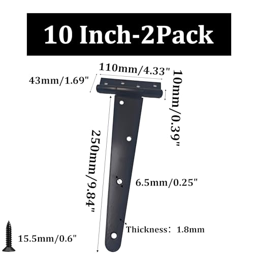 2PCS 10" Heavy Duty T-Strap Hinges, Black Rustic Iron Hinge, Rustproof Gate Tee Hinges for Outdoor Sheds, Barn Doors & Wood Fences-Thickness 2.5mm - size: 10 Inch