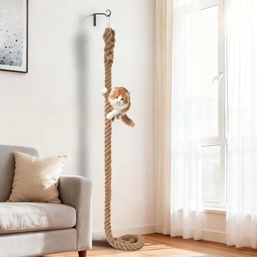 Hanging Cat Climbing Rope, 2 in x 4.92 ft Jute Rope with Hook | 5 cm x 1.5 m Rope, Natural Jute Texture, Wall or Ceiling Mount, Hook and Hardware, Scratch and Climb Use, Indoor Cats - size: 4.92FT