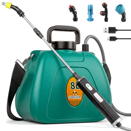 Battery Powered Garden Sprayer 2 Gallon, 7.4V High Pressure Rechargeable Weed Sprayer with 3 Pressure Mode, 5 Spray Nozzles, Telescopic Wand, Battery Indicator, Adjustable Strap for Lawn Garden, Green - color: Green