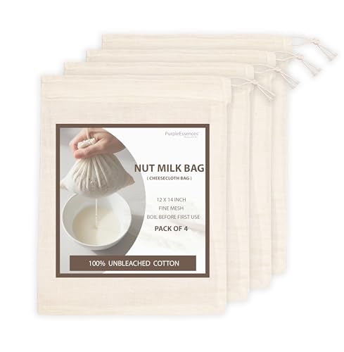 PurpleEssences Ultra-Dense Unbleached Cotton Nut Milk & Filter Bags Reusable Cheesecloth Drawstring Strainers for Cheese Making, Straining, Storage, Sprouting - Set of 4-12X14 Inch - Natural - size: 12 x 14 Inch