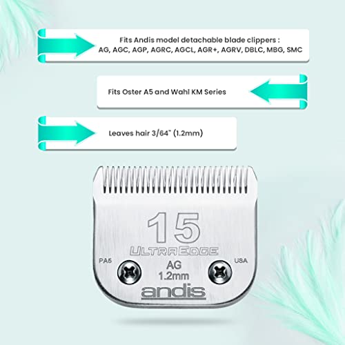 Andis 64072 UltraEdge Detachable Blade – Carbon Steel Pet Clipper Blade, Professional Grooming Performance - style: 15 Blade (Pack of 1)