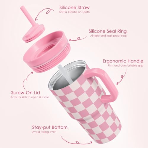 SANDJEST Checker Stainless Steel Tumbler 20oz with Handle and Silicone Straw Locking Lid for Kids Girls, Birthday Christmas Back to School - color: Checker 2