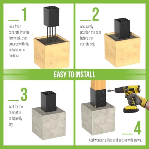 4 Pack 4x4 Metal Post Base Holder Bracket for Concrete Deck (Black) | Internal 3.5"x3.5", Post Anchor Brackets Ground Spike, For Concrete Deck, For Wood Fence, Railing, Pergola, Porch - size: 4IN, style: 4Pcs
