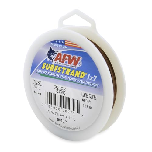 American Fishing Wire Surfstrand Bare 1x7 Stainless Steel Leader Wire - Fishing Leader Line for Saltwater, 20lb Test - 325lb Test in Bright, Camo in 30ft, 300ft, 600ft and 1,000ft Lengths - color: Camo, size: 30 lb / 600 ft