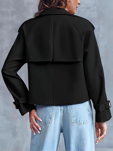 ebossy Women's Double Breasted Short Duster Trench Coat Lapel Loose Windproof Cropped Jacket Coat with Pockets - color: Black, size: X-Large