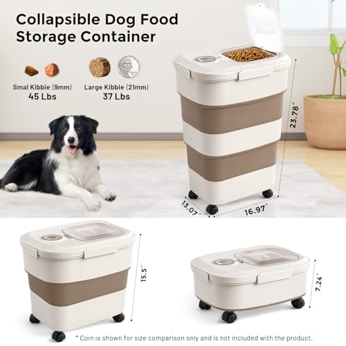 ZOMISIA 40-50lbs Dog Food Storage Container, Large Capacity Collapsible Airtight Pet Food Storage Containers with Rolling Wheels, Transparent Lid, Scoop and Date Track, Brown - color: Brown