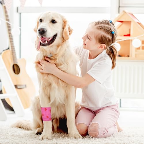 12 Roll 2 Inch x 5 Yards Heart Print Pet Vet Wrap for Dogs Cats, Cohesive Bandages in Bulk, Pink Non-Woven Self Adhesive Bandage Wrap Rolls for Pet Animals Wound Care, Ankle Sprain and Swelling