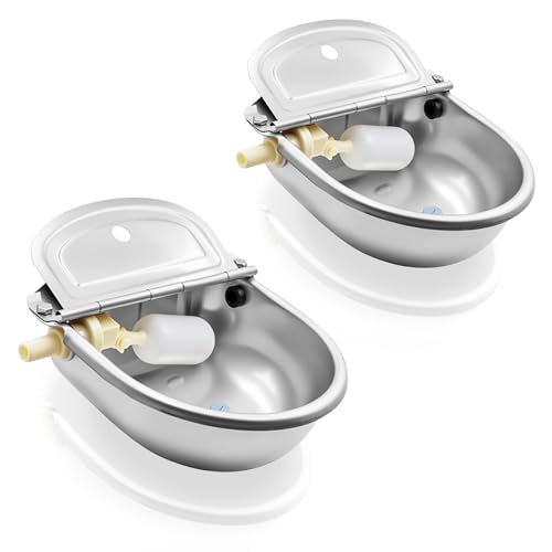 Automatic Animal Drinking Water Bowl with Float Valve and Drainage Hole 304 Stainless Steel Feeder Waterer Livestock Water Trough Suitable for Pet Dog Horse Cattle Goat Sheep 2Pcs（Dia 9in） - style: 2.5L-2pcs