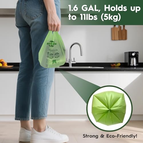 Compostable Trash Bags 1.2-1.6 Gallon Handle Tie 50 Count 0.6 Mil 6.06 Liter Small Compost Bags for Countertop Bin Biodegradable Bags Green for Kitchen ASTM D6400 & BPI Certified, OK Compost Home - color: 1.6 Gallon Handle Tie, 50 Count