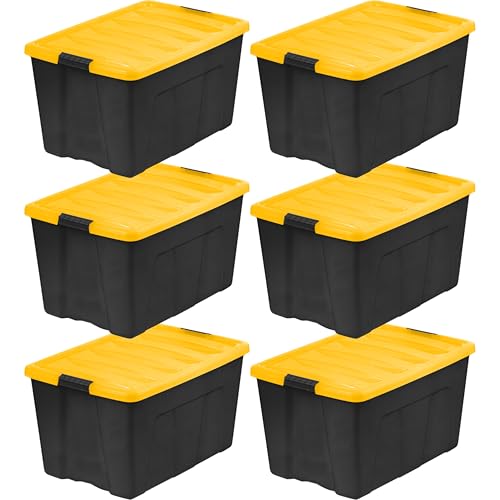 IRIS USA 6-Pack 72 Quart Storage Bins with Lids, Black/Yellow | Black finish conceals stored items. Perfect for moving, blankets, clothing, and garage storage. Nestable design saves space - size: 72 Qt, style: 6 Pack