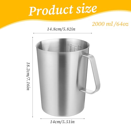 Stainless Steel Measuring Cup with Handle and Pour Lip, 2000ml 70OZ Metal Pitcher with Oz And ML Marking, Heavy-Duty Milk Frothing Jug for Coffee Latte Art, Commercial and Home Kitchen