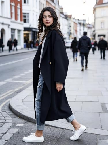 Women's Winter Wool Coat Notch Lapel Single Breasted Casual Mid Long Pea Trench Coat - color: Navy, size: Small