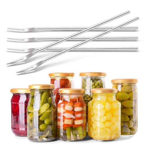 Yexiya 5 Pcs Pickle Fork, 8.66 Inches Long Handle Olive Fork 304 Stainless Steel Pickle Picker Grabber Tool for Jar Cocktail Dessert Fruit, 2 Prong(Silver) - color: Silver