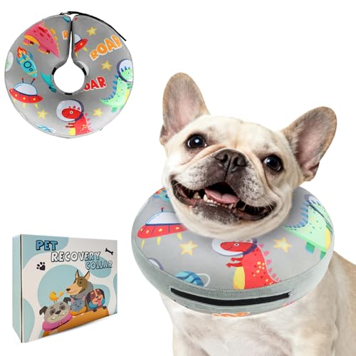 PAWCHIE Inflatable Dog Cone Collar Alternative, Soft Dog Cone for Medium to Large Dogs After Surgery, Adjustable Neck Recovery E-Collars Donut Collar with Cute Dinosaur Prints, Grey M - color: Grey, size: M(Neck:13"-16")