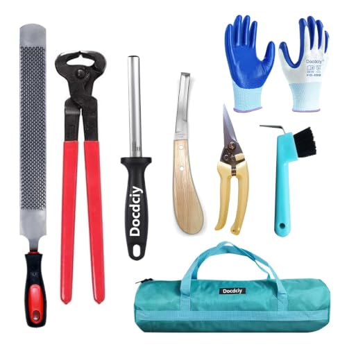 14 Inch Professional Hoof Trimming Kit, 8 Piece Farrier Tools Set with Hoof Nippers, Rasp, Shear Cutter, Hoof Knife, Sharpener, Pick, Gloves, Storage Bag, for Horse Goat Pig Hoof Care - size: 14.5 Inch