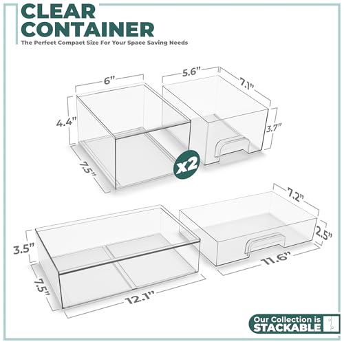 Sorbus Clear Stackable Storage Drawers (3 Pack, 4.4'' Tall and 12.1'' Wide) | Acrylic containers with pull-out bins keep cosmetics, brushes and daily items sorted on bathroom counters or in cabinets. - size: 3 Pack, 4.4’’ Tall and 12.1’’ Wide