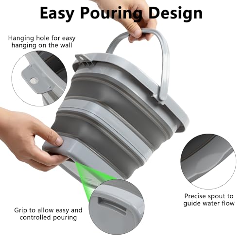 Collapsible Bucket, 1.32 Gallon 5L Small Mop Bucket for Cleaning, Car Washing, Portable Tub for Camping, RV, Beach, Sand, Fishing, Garden, Space Saving Plastic Water Basin Ice Buckets - color: All Grey, size: 5L
