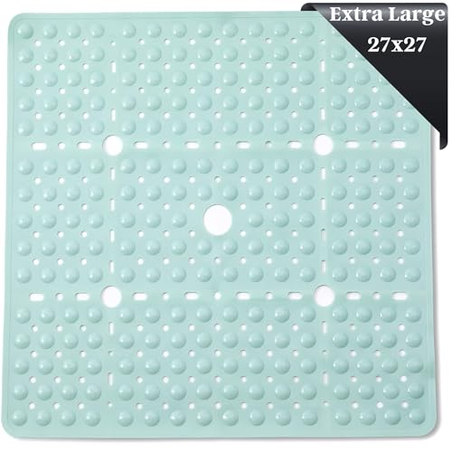 ENKOSI Large 27 x 27 inch Square Non-Slip Shower Mat | Anti Slip Shower Stall Mat for Elderly and Young | Durable Shower Mat with Strong Secure Suction Cups and Drain Holes (27x27 Aqua Green) - color: Aqua Green